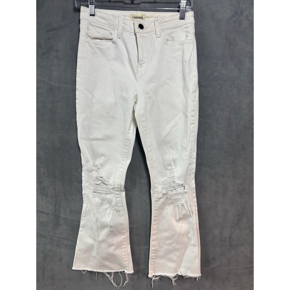 L'Agence Solana Cropped Flare Jeans Blanc White 26 Distressed High Rise Denim